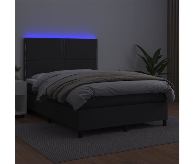 Conforama Cama Box Spring Colchón Y LED Cuero Sintético Negro 140x200 Cm Liso Con Clavos