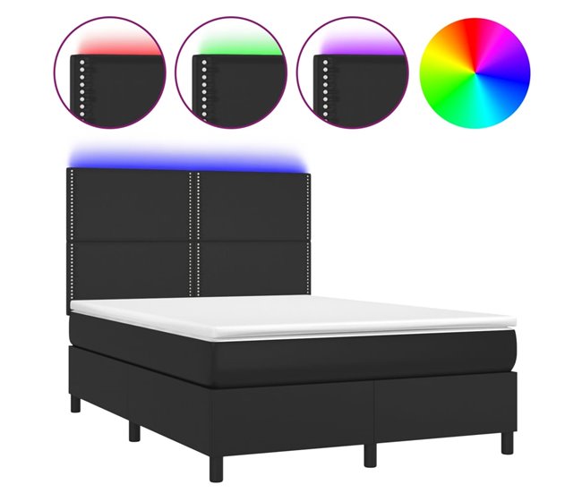 Conforama Cama box spring colchón y LED cuero sintético negro 140x200 cm Liso con clavos