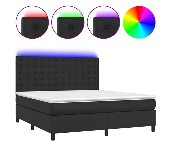 Conforama Cama box spring colchón y LED cuero sintético negro 160x200 cm Botones