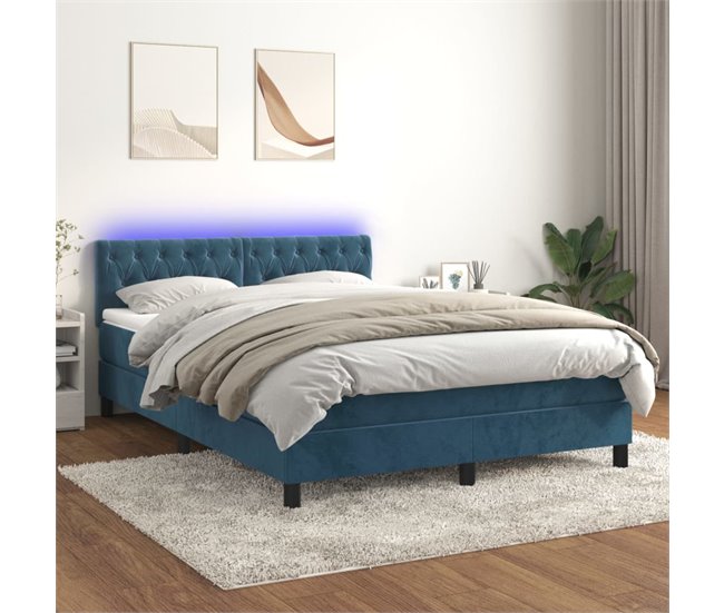 Conforama Cama Box Spring Colchón Y LED Terciopelo Azul Oscuro 140x190 Cm Diseño De Botones