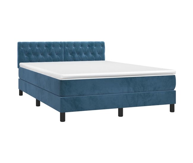 Conforama Cama Box Spring Colchón Y LED Terciopelo Azul Oscuro 140x190 Cm Diseño De Botones