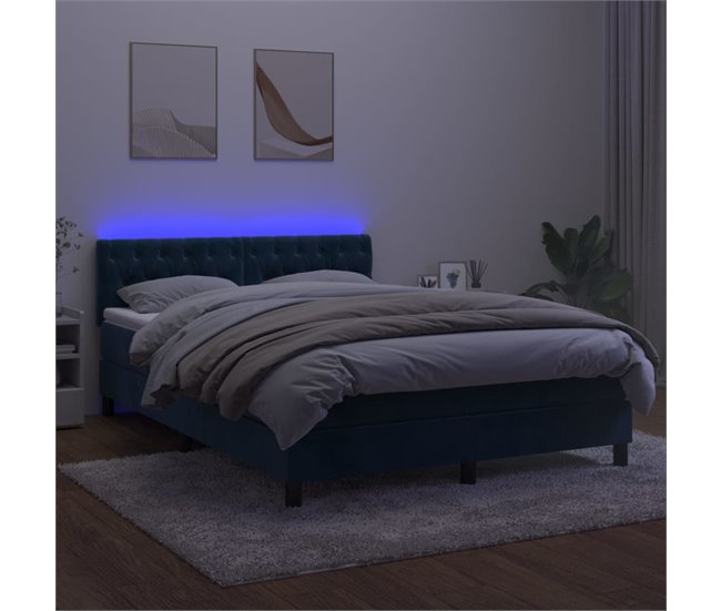 Conforama Cama Box Spring Colchón Y LED Terciopelo Azul Oscuro 140x190 Cm Diseño De Botones