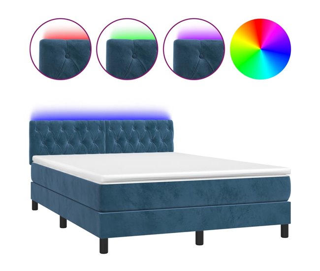 Conforama Cama box spring colchón y LED terciopelo azul oscuro 140x190 cm Diseño de botones