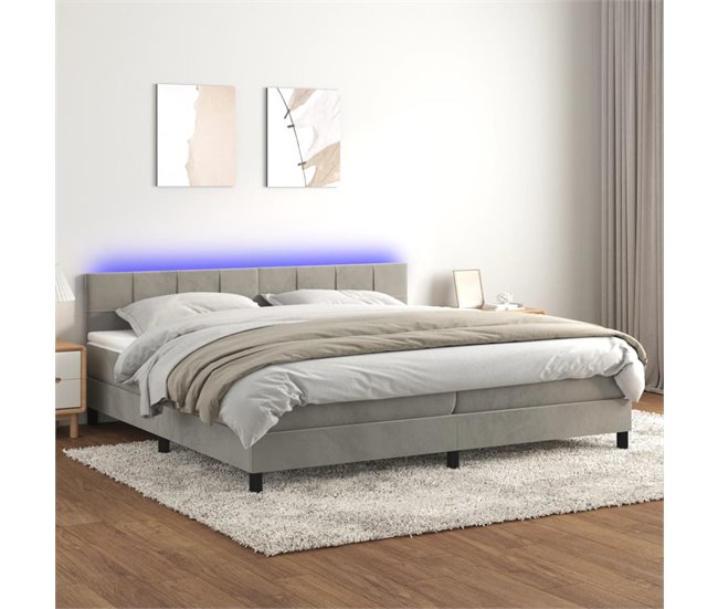 Conforama Cama Box Spring Colchón Y LED Terciopelo Gris Claro 200x200 Cm Bloques Con Cuadros