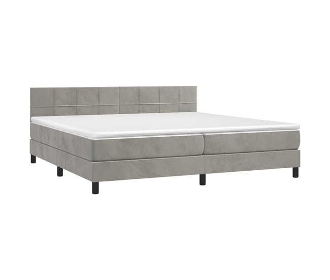 Conforama Cama Box Spring Colchón Y LED Terciopelo Gris Claro 200x200 Cm Bloques Con Cuadros
