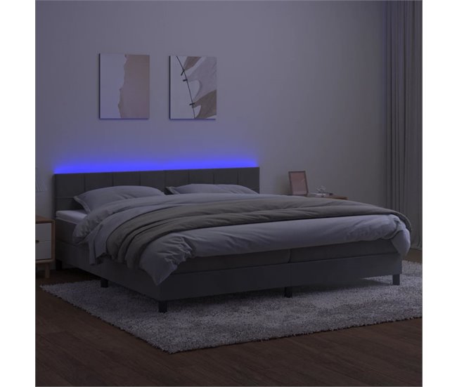 Conforama Cama Box Spring Colchón Y LED Terciopelo Gris Claro 200x200 Cm Bloques Con Cuadros