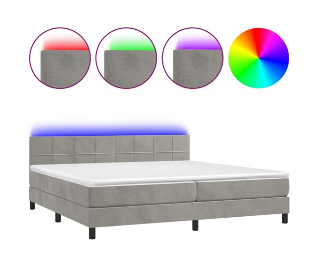 Conforama Cama box spring colchón y LED terciopelo gris claro 200x200 cm Bloques con cuadros