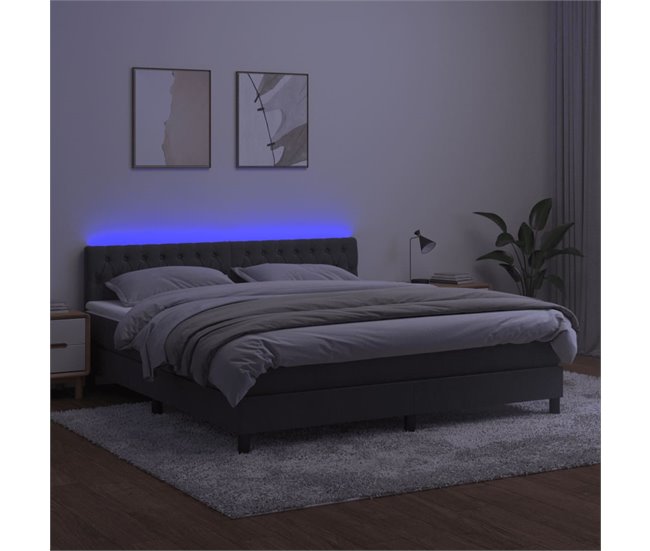 Conforama Cama Box Spring Colchón Y LED Terciopelo Gris Oscuro 180x200 Cm Diseño De Botones