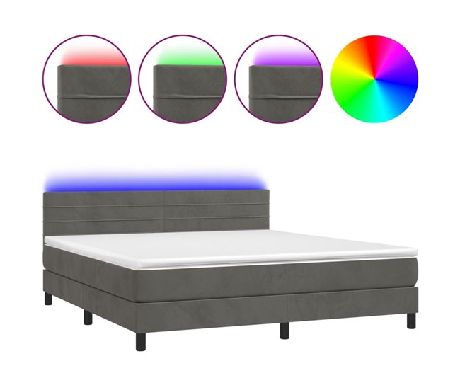 Conforama Cama box spring colchón y LED terciopelo gris oscuro 160x200 cm Rayas horizontales
