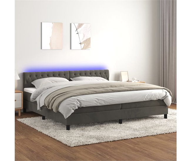 Conforama Cama Box Spring Colchón Y LED Terciopelo Gris Oscuro 200x200 Cm Diseño De Botones