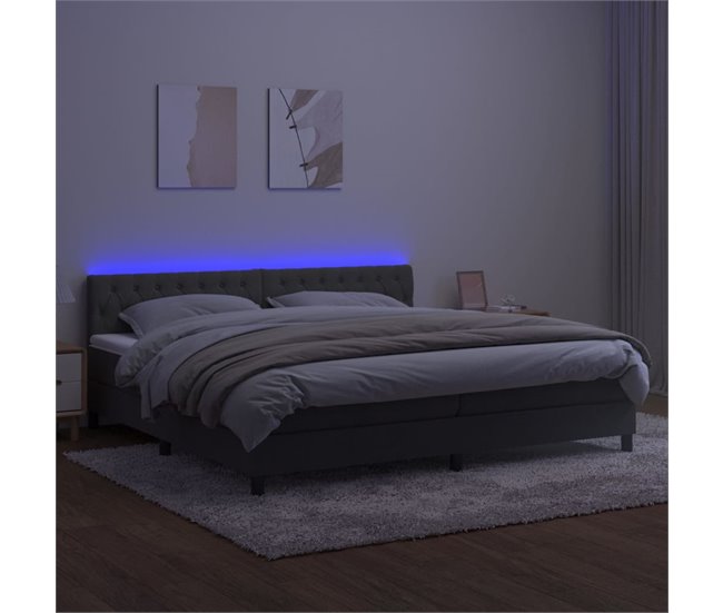 Conforama Cama Box Spring Colchón Y LED Terciopelo Gris Oscuro 200x200 Cm Diseño De Botones