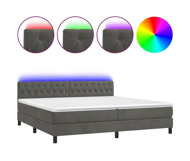 Conforama Cama box spring colchón y LED terciopelo gris oscuro 200x200 cm Diseño de botones