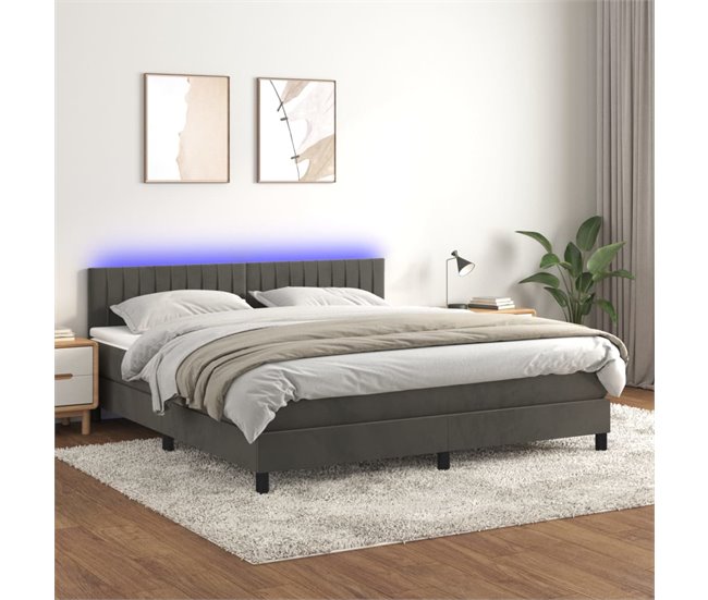 Conforama Cama Box Spring Colchón Y LED Terciopelo Gris Oscuro 160x200 Cm Rayas Verticales