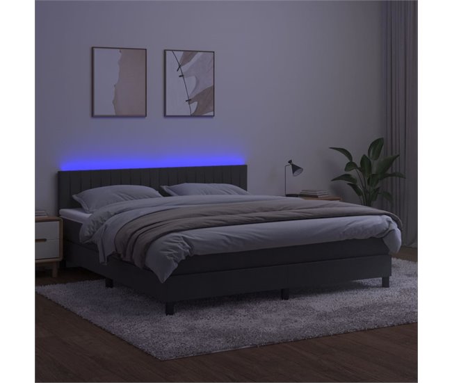 Conforama Cama Box Spring Colchón Y LED Terciopelo Gris Oscuro 180x200 Cm Rayas Verticales