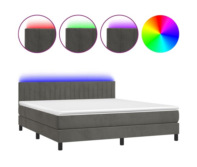 Conforama Cama box spring colchón y LED terciopelo gris oscuro 180x200 cm Rayas verticales