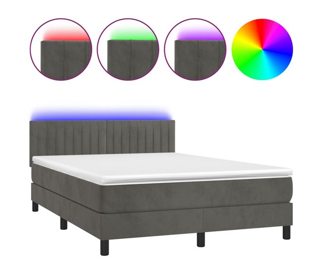Conforama Cama box spring colchón y LED terciopelo gris oscuro 140x190 cm Rayas verticales