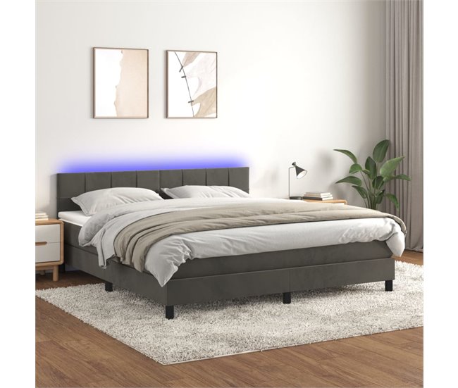 Conforama Cama Box Spring Colchón Y LED Terciopelo Gris Oscuro 160x200 Cm Bloques Con Cuadros