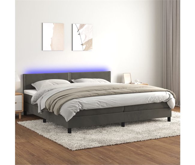 Conforama Cama Box Spring Colchón Y LED Terciopelo Gris Oscuro 200x200 Cm Liso Con Clavos