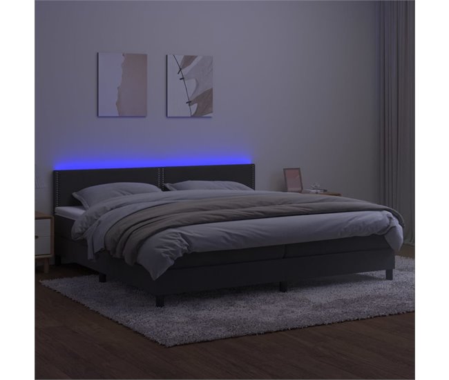 Conforama Cama Box Spring Colchón Y LED Terciopelo Gris Oscuro 200x200 Cm Liso Con Clavos