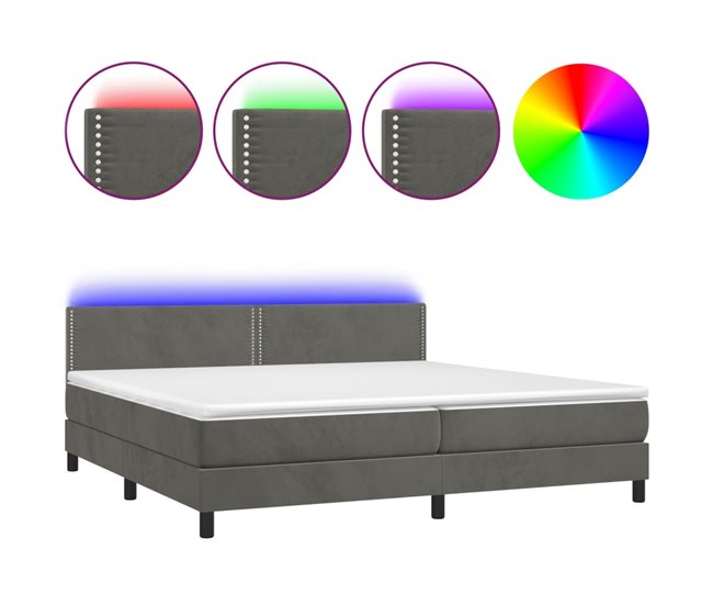 Conforama Cama box spring colchón y LED terciopelo gris oscuro 200x200 cm Liso con clavos