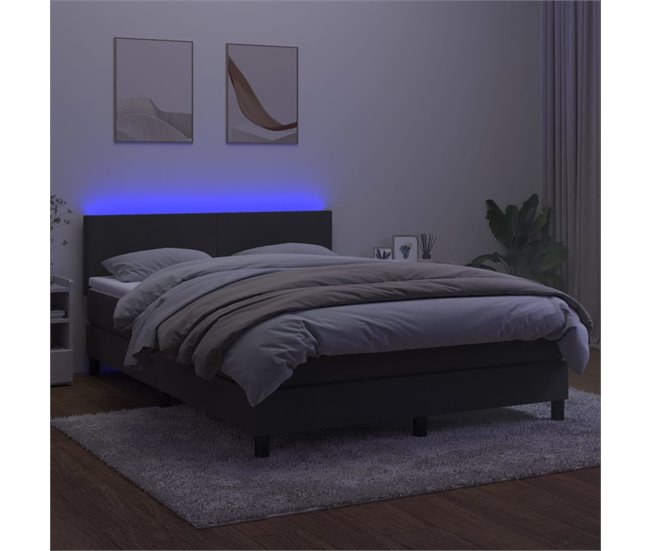 Conforama Cama Box Spring Colchón Y LED Terciopelo Gris Oscuro 140x190 Cm Diseño Plano