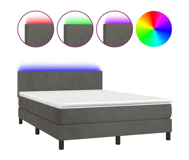 Conforama Cama box spring colchón y LED terciopelo gris oscuro 140x190 cm Diseño plano