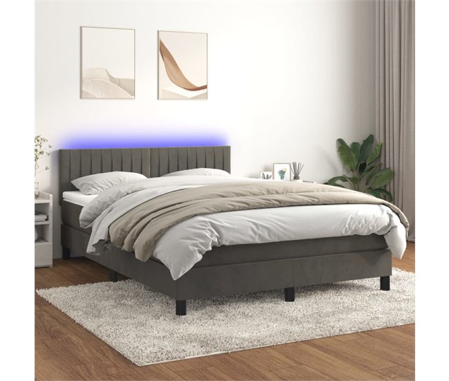 Conforama Cama Box Spring Colchón Y LED Terciopelo Gris Oscuro 140x200 Cm Rayas Verticales