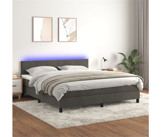 Conforama Cama Box Spring Colchón Y LED Terciopelo Gris Oscuro 160x200 Cm Diseño Plano