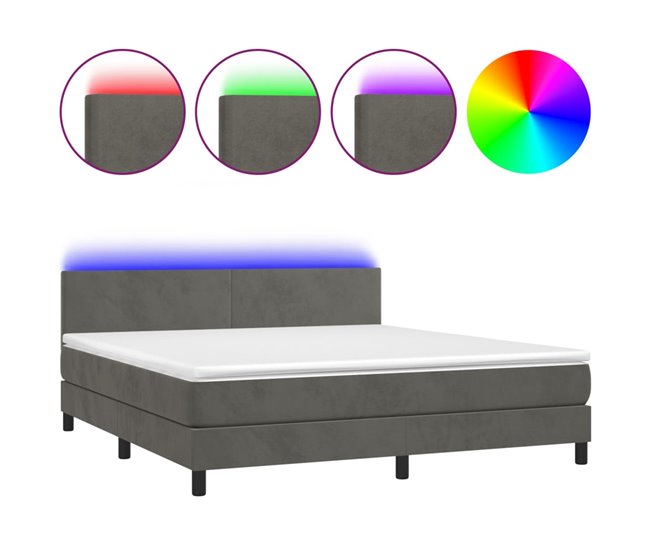 Conforama Cama box spring colchón y LED terciopelo gris oscuro 160x200 cm Diseño plano