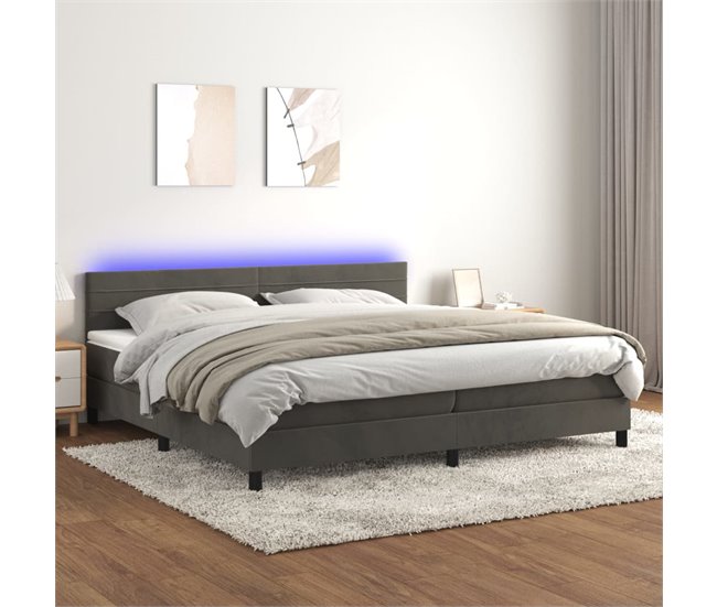 Conforama Cama Box Spring Colchón Y LED Terciopelo Gris Oscuro 200x200 Cm Rayas Horizontales