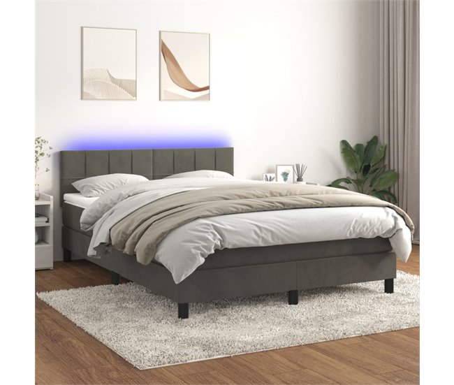 Conforama Cama Box Spring Colchón Y LED Terciopelo Gris Oscuro 140x190 Cm Bloques Con Cuadros
