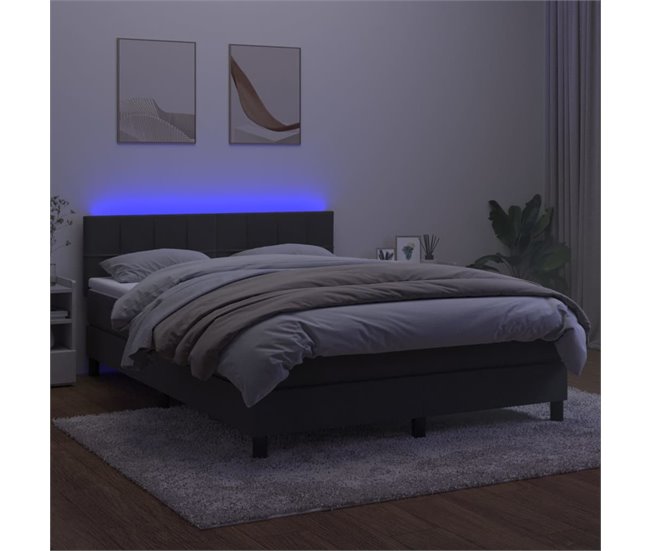 Conforama Cama Box Spring Colchón Y LED Terciopelo Gris Oscuro 140x190 Cm Bloques Con Cuadros