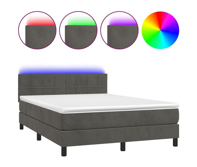 Conforama Cama box spring colchón y LED terciopelo gris oscuro 140x190 cm Bloques con cuadros