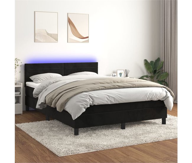 Conforama Cama Box Spring Colchón Y LED Terciopelo Negro 140x190 Cm Rayas Horizontales