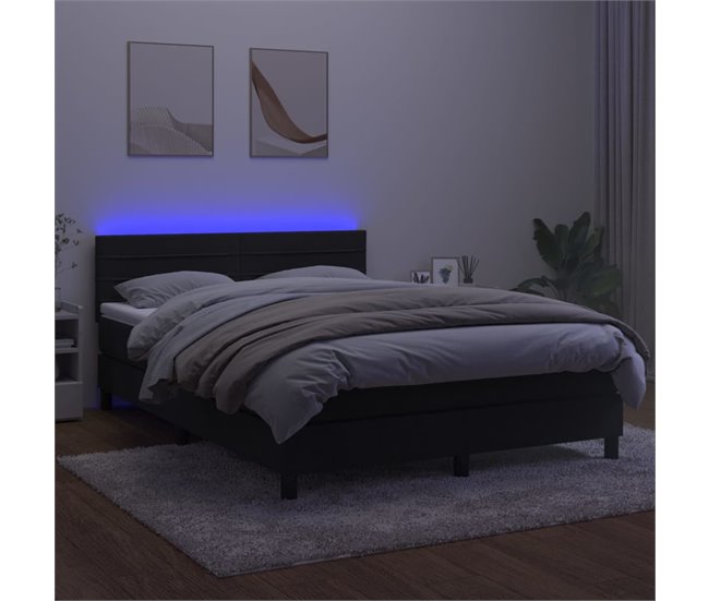 Conforama Cama Box Spring Colchón Y LED Terciopelo Negro 140x190 Cm Rayas Horizontales