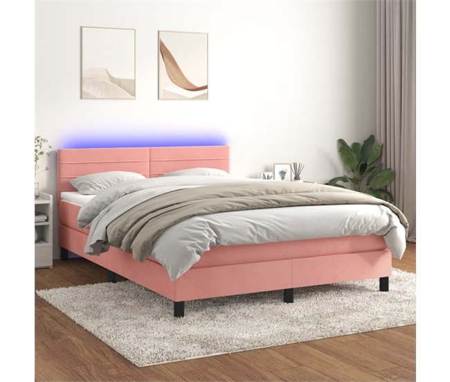 Conforama Cama Box Spring Colchón Y LED Terciopelo Rosa 140x200 Cm Rayas Horizontales