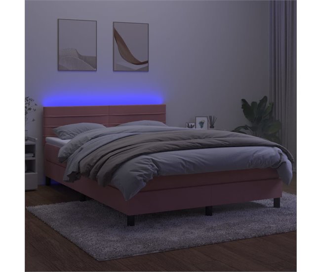 Conforama Cama Box Spring Colchón Y LED Terciopelo Rosa 140x200 Cm Rayas Horizontales