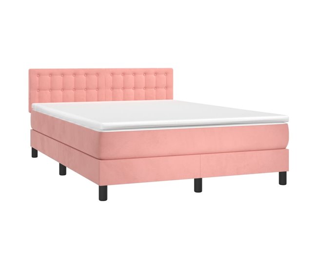 Conforama Cama Box Spring Colchón Y LED Terciopelo Rosa 140x200 Cm Botones