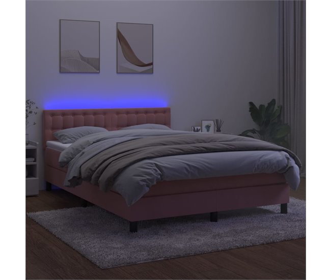 Conforama Cama Box Spring Colchón Y LED Terciopelo Rosa 140x190 Cm Botones