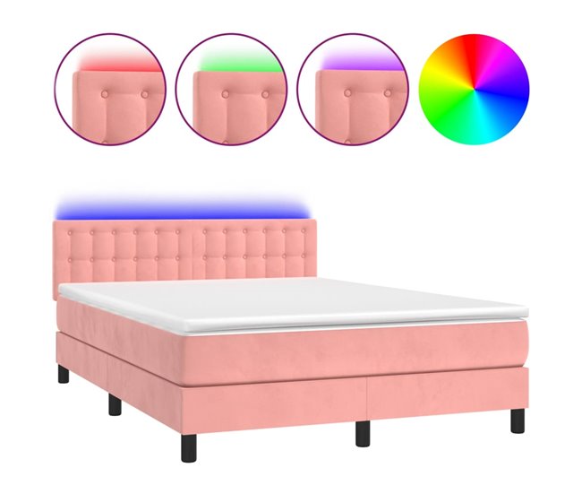 Conforama Cama box spring colchón y LED terciopelo rosa 140x190 cm Botones