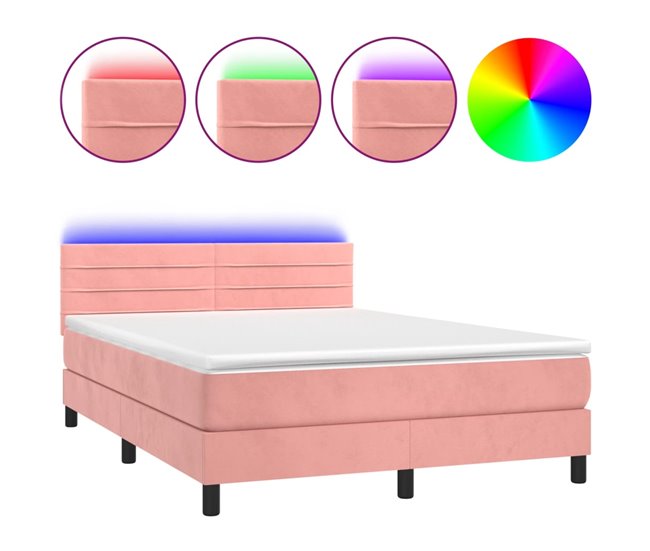 Conforama Cama box spring colchón y LED terciopelo rosa 140x200 cm Rayas horizontales