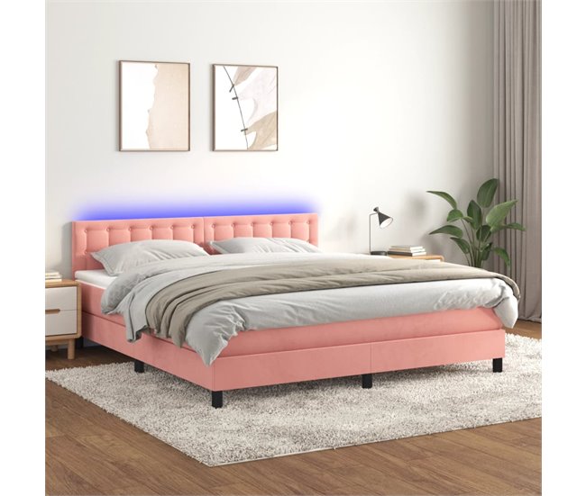 Conforama Cama Box Spring Colchón Y LED Terciopelo Rosa 160x200 Cm Botones