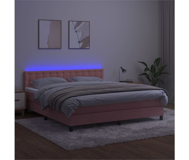 Conforama Cama Box Spring Colchón Y LED Terciopelo Rosa 160x200 Cm Botones