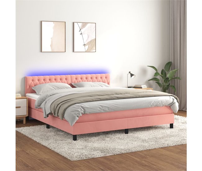 Conforama Cama Box Spring Colchón Y LED Terciopelo Rosa 160x200 Cm Diseño De Botones