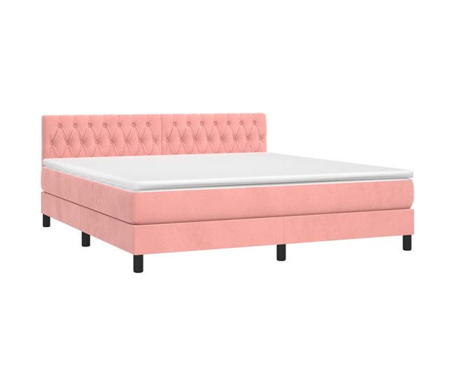 Conforama Cama Box Spring Colchón Y LED Terciopelo Rosa 160x200 Cm Diseño De Botones
