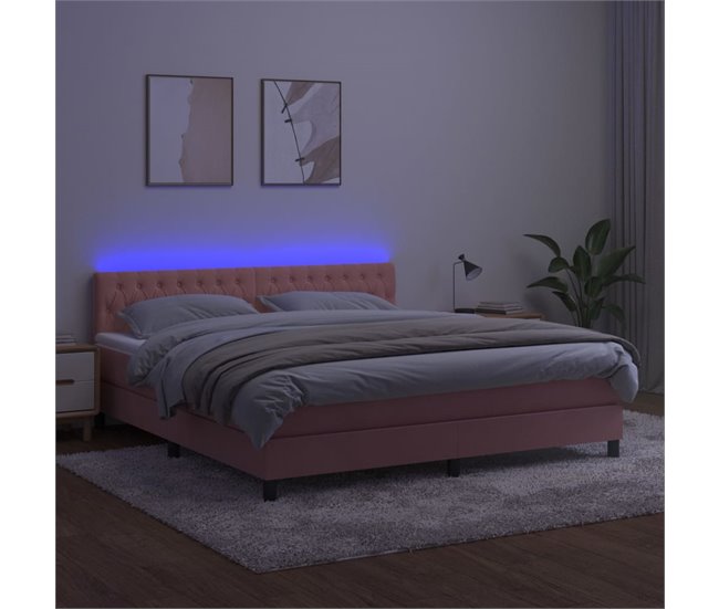 Conforama Cama Box Spring Colchón Y LED Terciopelo Rosa 160x200 Cm Diseño De Botones