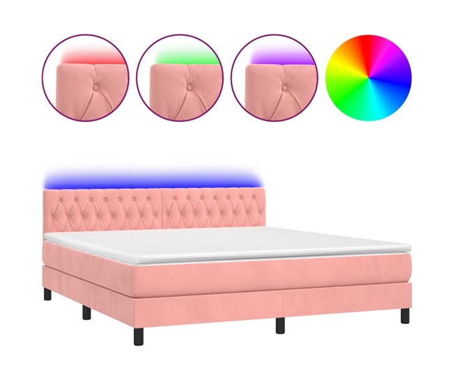 Conforama Cama box spring colchón y LED terciopelo rosa 160x200 cm Diseño de botones