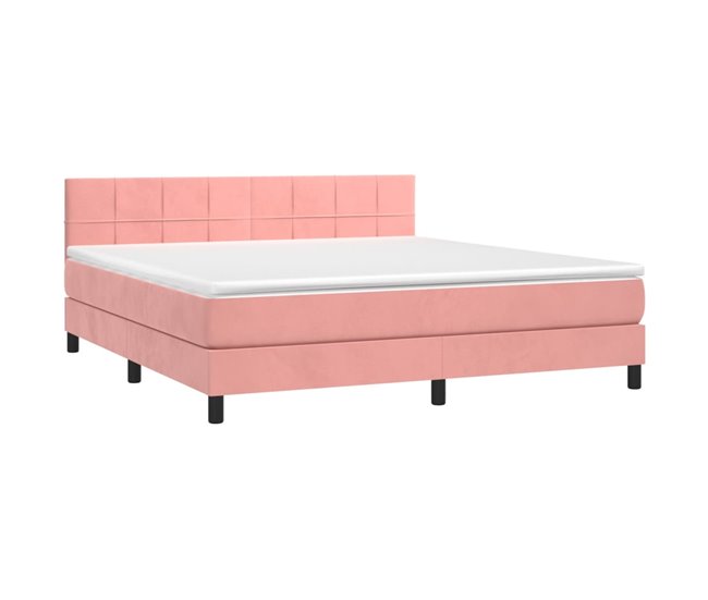 Conforama Cama Box Spring Colchón Y LED Terciopelo Rosa 180x200 Cm Bloques Con Cuadros