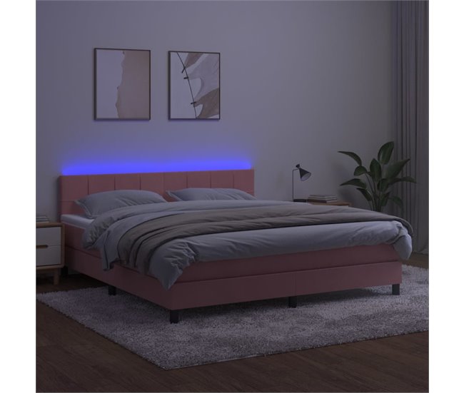 Conforama Cama Box Spring Colchón Y LED Terciopelo Rosa 180x200 Cm Bloques Con Cuadros