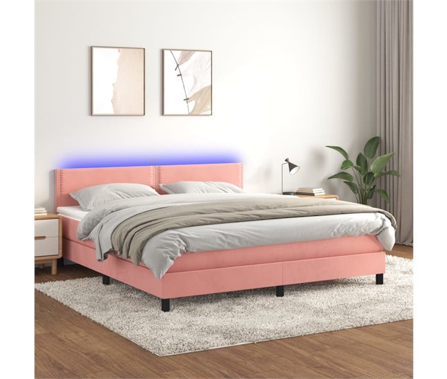 Conforama Cama Box Spring Colchón Y LED Terciopelo Rosa 180x200 Cm Liso Con Clavos